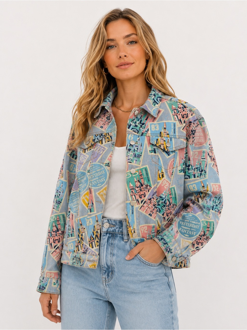 Disney Parks Fantasyland Retro Poster Print Denim Trucker Jacket Multicolor L